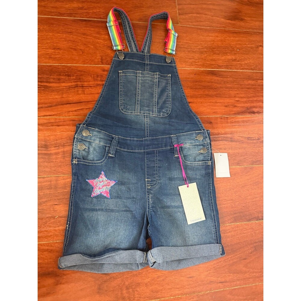 VIGOSS Girls Denim Overalls Shorts Rainbow Straps XL